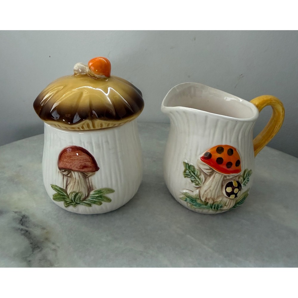 Vintage Mushroom Ceramic Cream and Sugar Set Retro Cottagecore Toadstool Decor - Picture 3 of 14